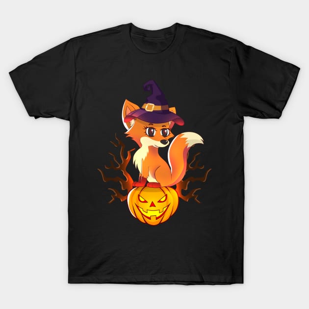 Cute Witch Fox With Jack O Lantern Halloween T-Shirt by TheBeardComic